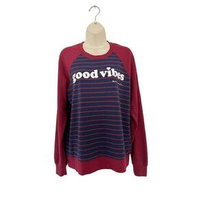 Spiritual Gangster Women's Sz S Burgundy Blue Striped Sweatshirt Good Vibes